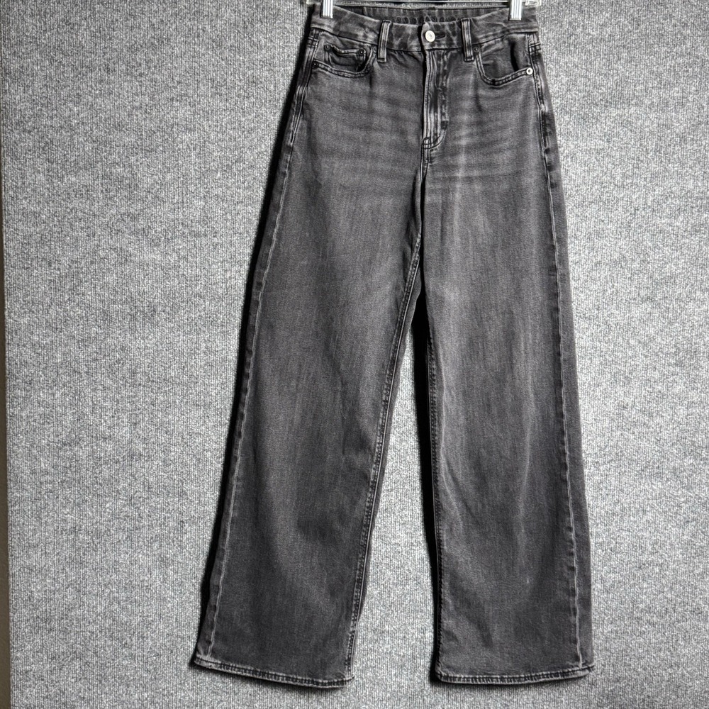 American Eagle Curvy 4 Long Black Baggy Wide Leg Jeans Super High Rise Y2K - Picture 13 of 16